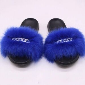 Plush Blue and Black Furry Slippers